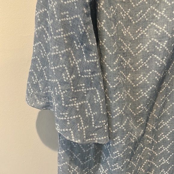 𝅺aqua chambray off the shoulder print boho linen blend dtess large - Picture 2 of 10